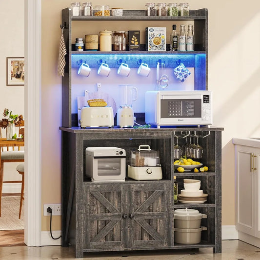 Coffee Bar Cabinet with Power Outlet  and LED Lights