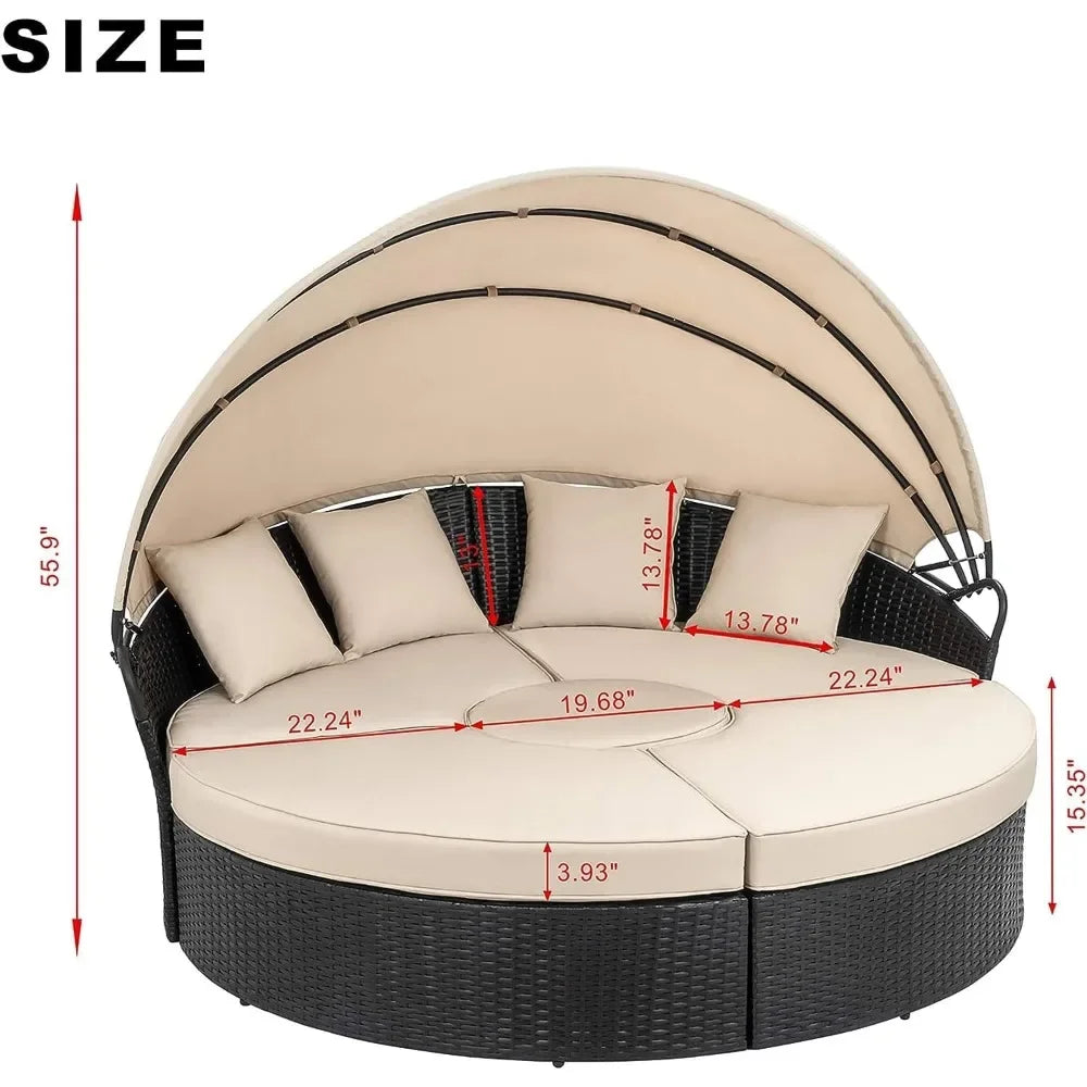 Round Rattan Daybed with Retractable Canopy