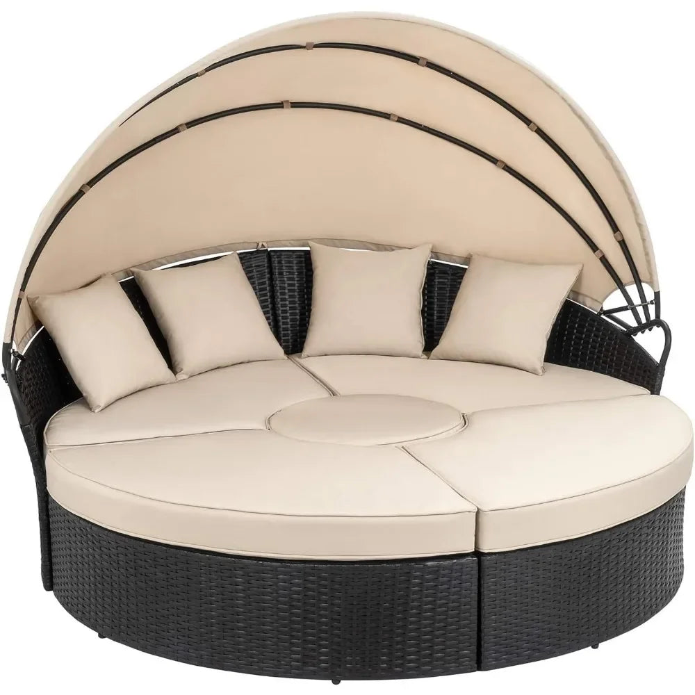 Round Rattan Daybed with Retractable Canopy