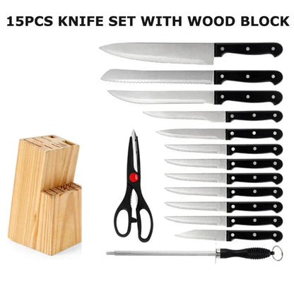15pcs Kitchen Knife Set with Solid Wood Holder