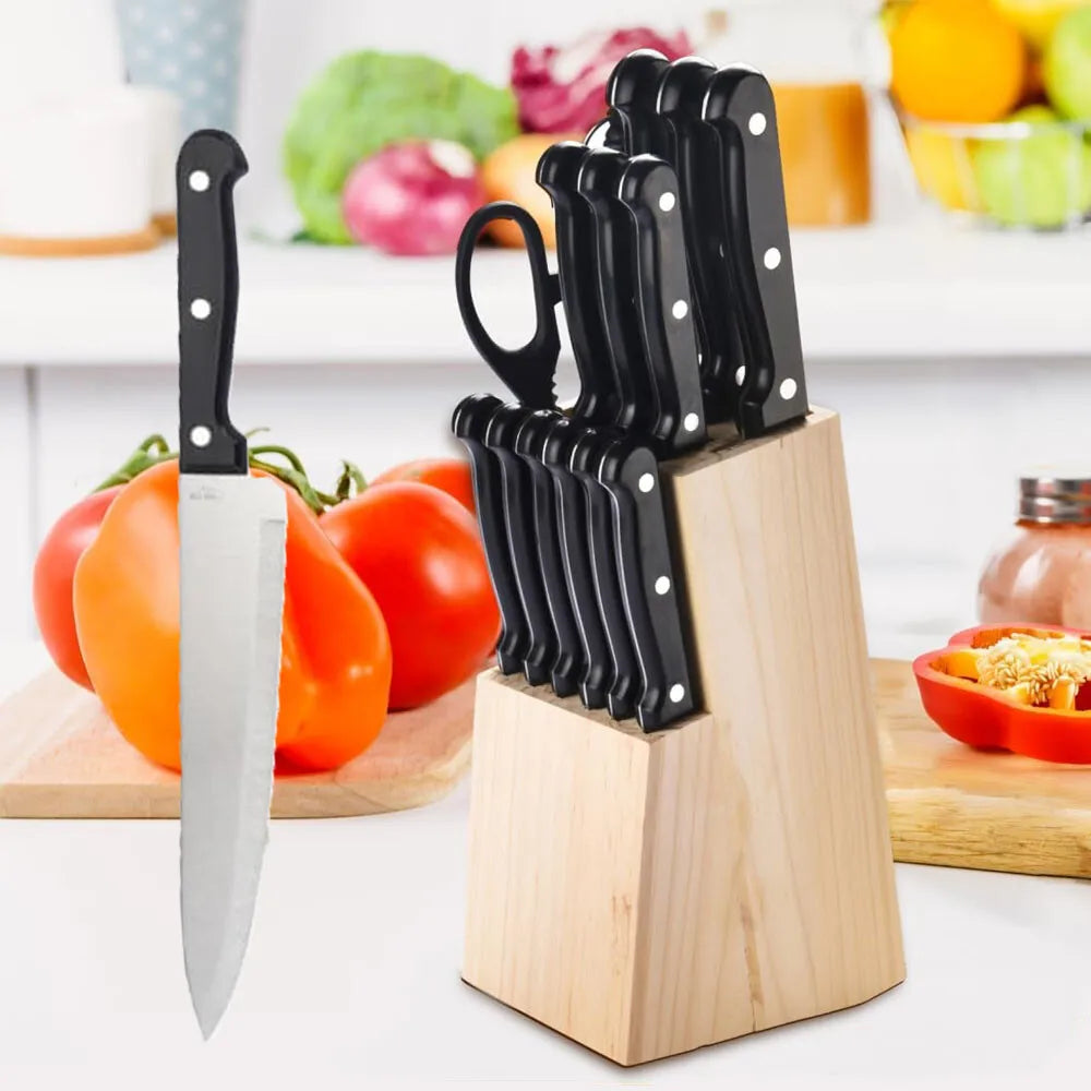15pcs Kitchen Knife Set with Solid Wood Holder