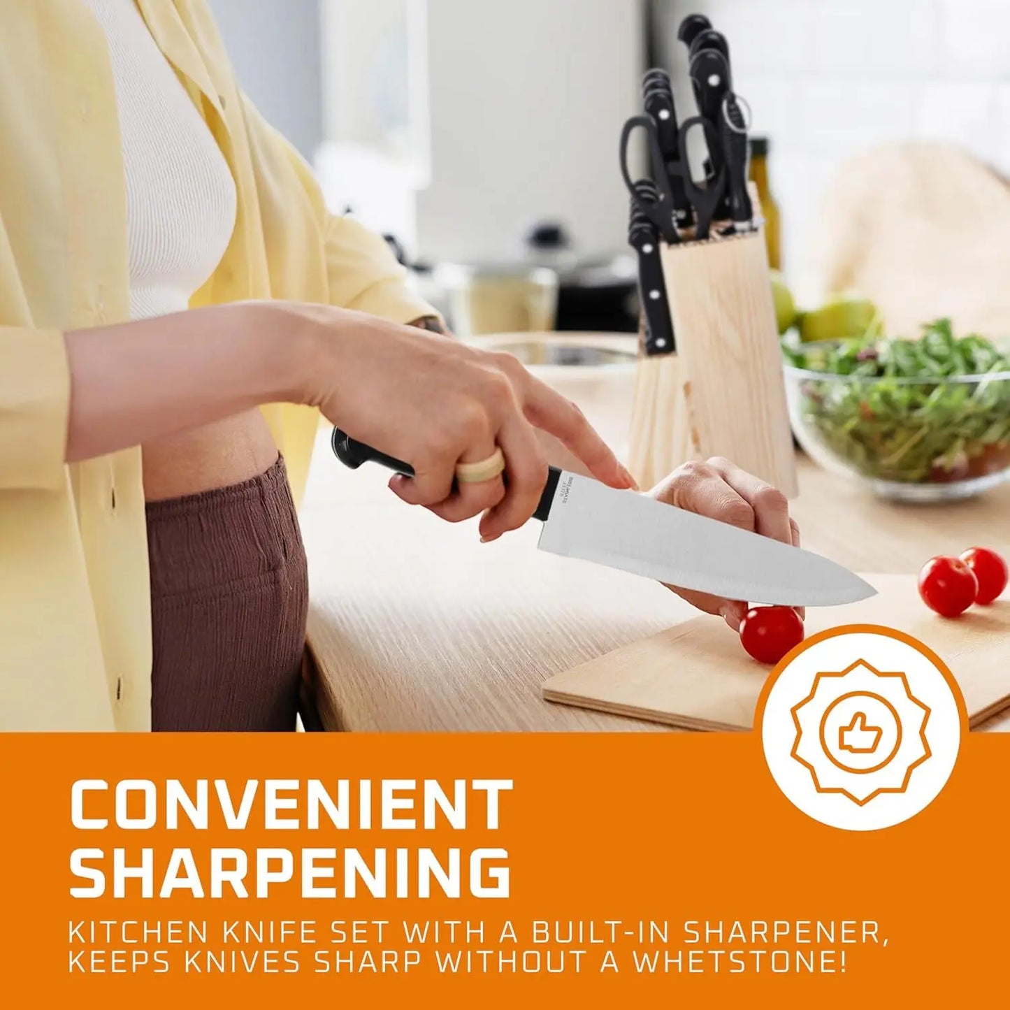 15pcs Kitchen Knife Set with Solid Wood Holder