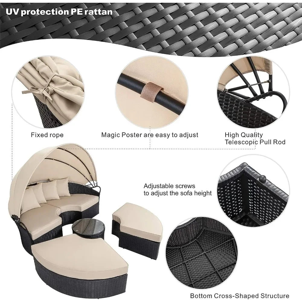 Round Rattan Daybed with Retractable Canopy