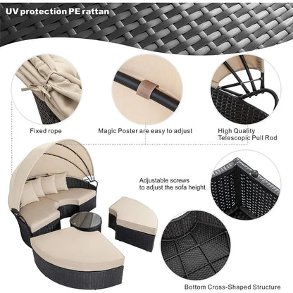 Round Rattan Daybed with Retractable Canopy