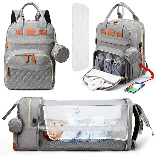 3 In 1 Diaper Bag Backpack with Foldable Baby Bed