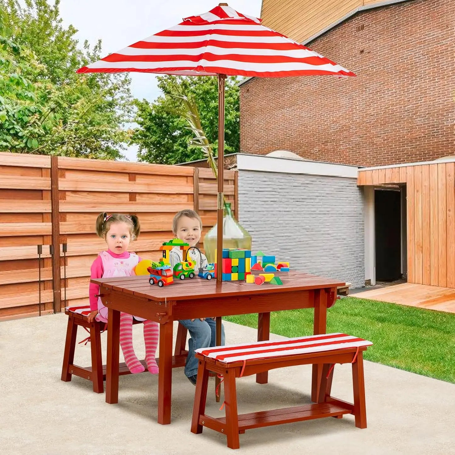 Kids Picnic Table with Umbrella w/Cushions