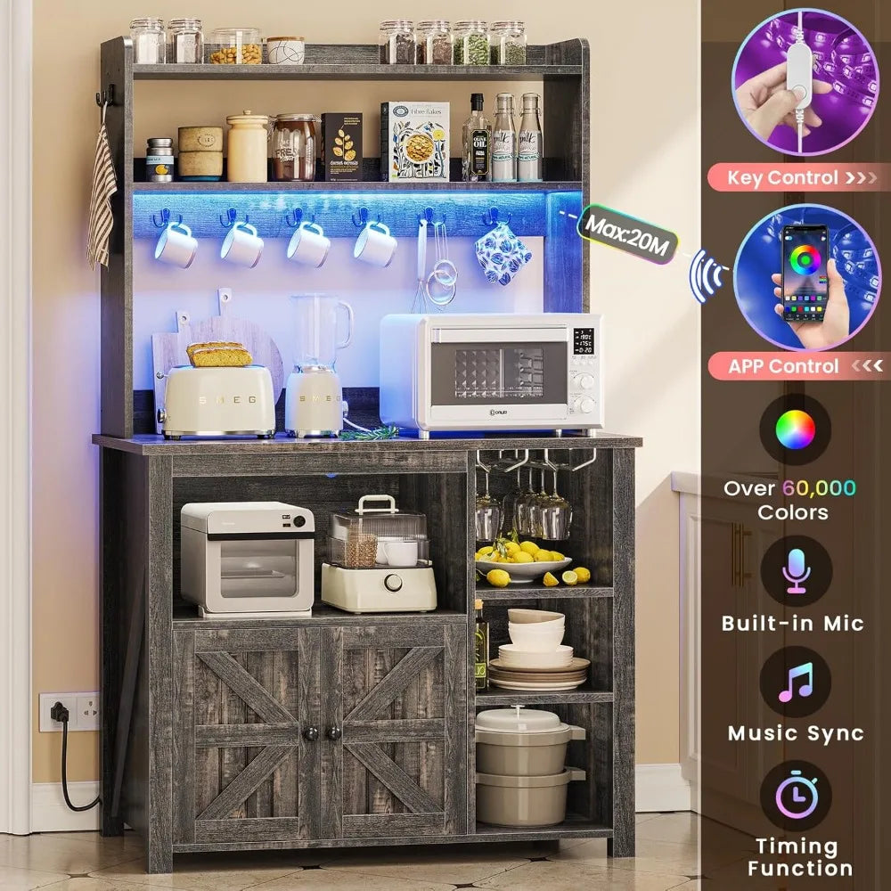 Coffee Bar Cabinet with Power Outlet  and LED Lights