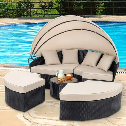 Round Rattan Daybed with Retractable Canopy