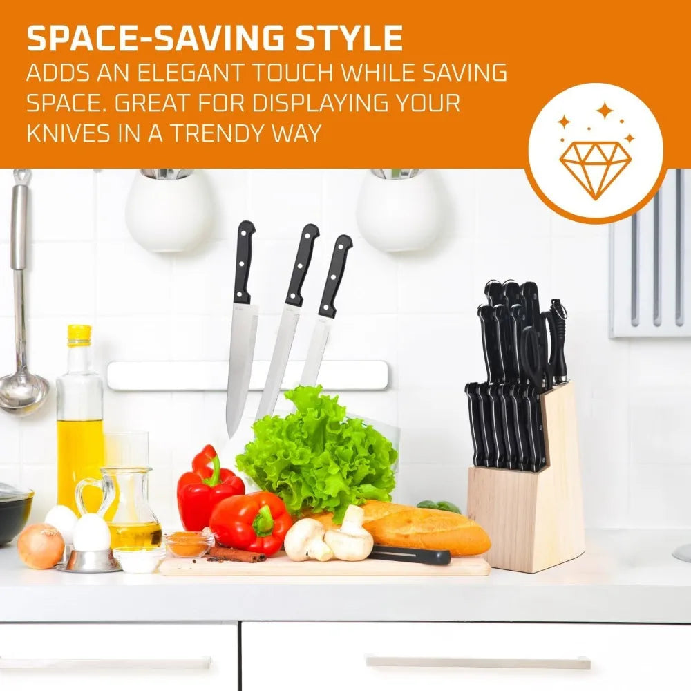 15pcs Kitchen Knife Set with Solid Wood Holder