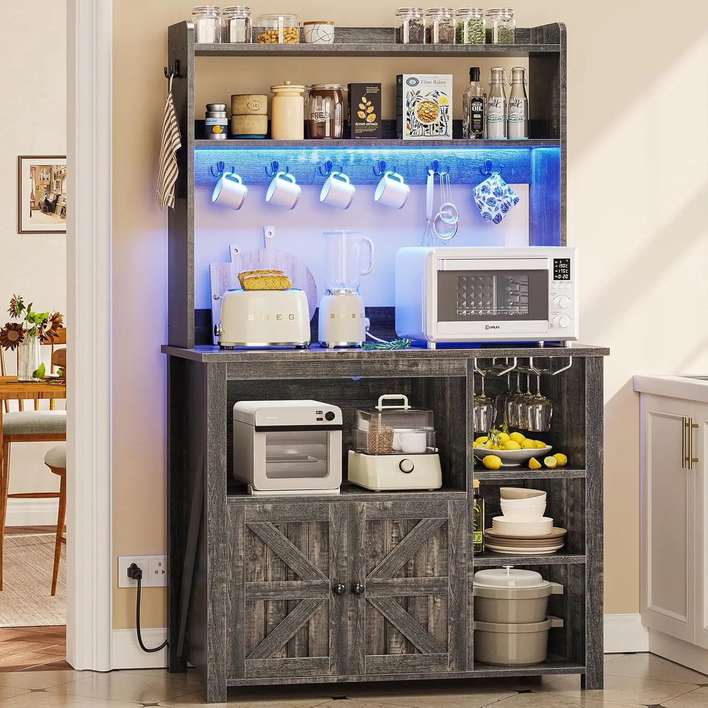 Coffee Bar Cabinet with Power Outlet  and LED Lights