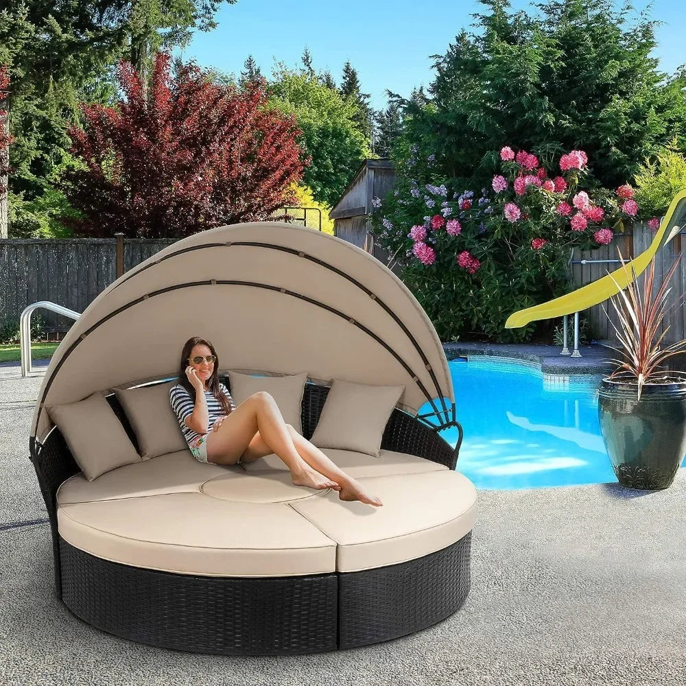 Round Rattan Daybed with Retractable Canopy