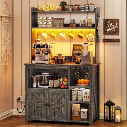 Coffee Bar Cabinet with Power Outlet  and LED Lights